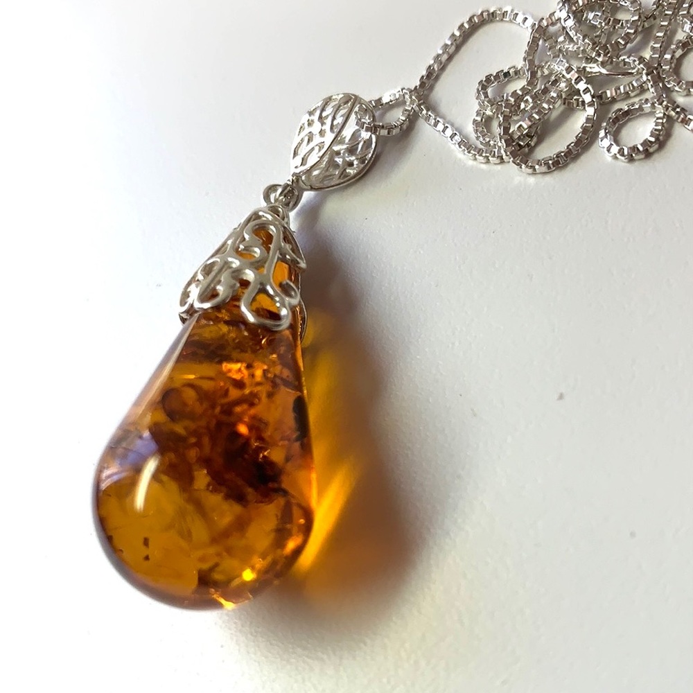 Orange tear drop Baltic Amber pendant sterling,